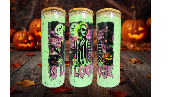 Halloween Beetlejuice inspired snowglobe tumbler